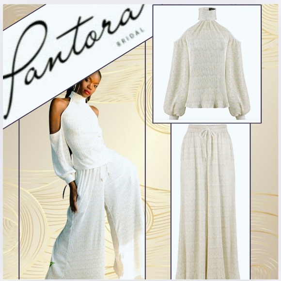 NWT,Pantora Bridal,Elegant White & Shimmering Gold,Stretch, Top + Palazzo Pants - Picture 1 of 16